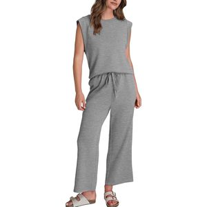 FOXA Ensemble de détente 2 pièces pour femme, haut sans manches et pantalon large, tenue assortie en tricot respirant pour un usage quotidien en été - Product Image 2