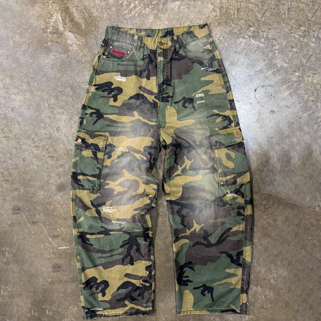 QYOURECLO Custom Camo Distressed All Over Print Camouflage Vintage Cargo Jeans Oversized Baggy Leg Denim Pants for Men