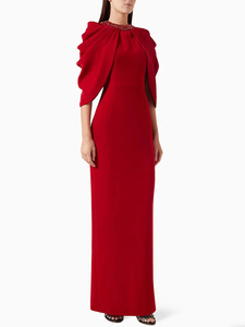Rode avondjurk <span class=keywords><strong>2026</strong></span> Maxi vleermuismouw zwierige cape mouw bodycon gerimpelde feestjurk met glitters en kralen versierd formeel - Product Image 1