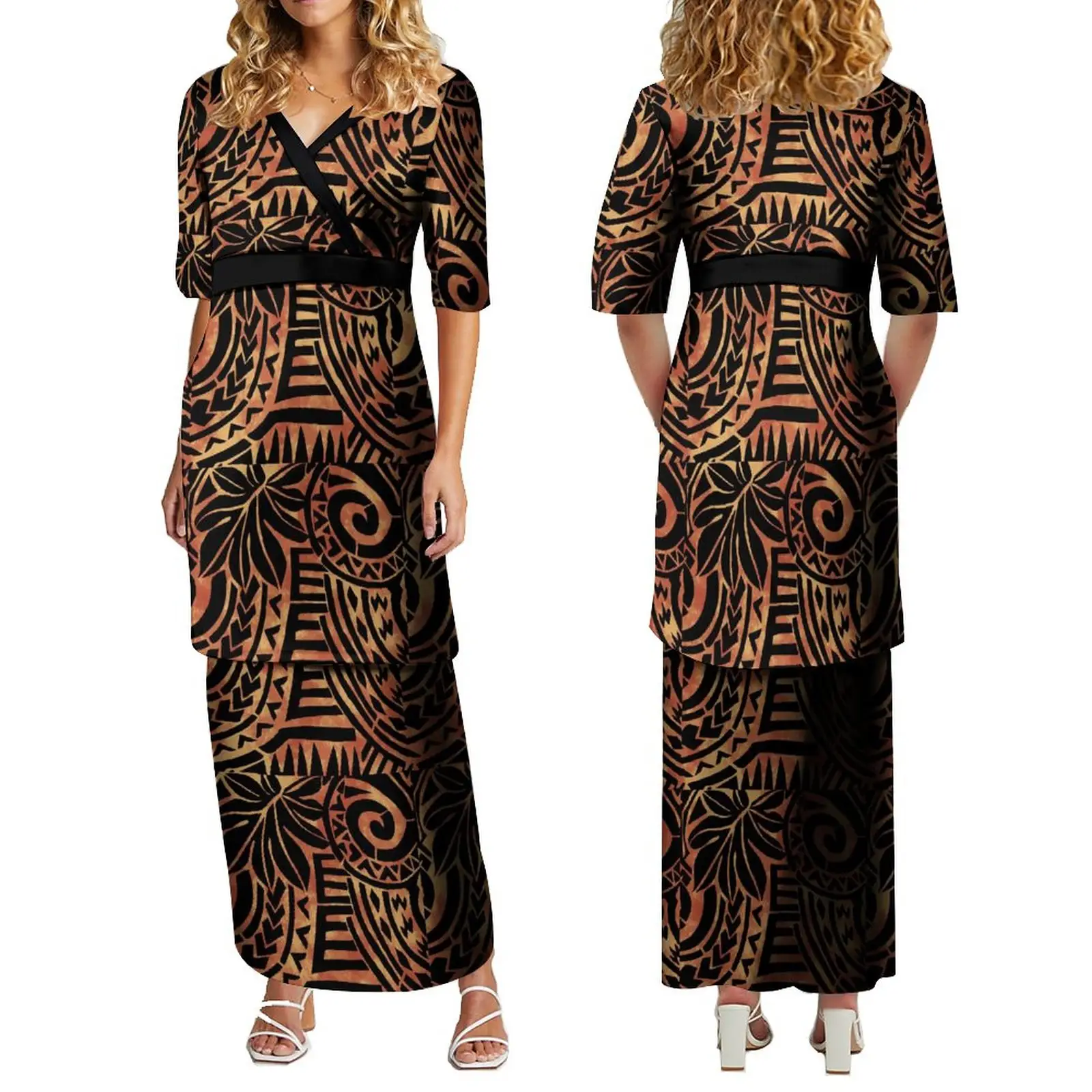 Desain baru gaun Samoan leher V Polinesia Puletasi Ptaha Puletaha kustom Atasan wanita dua potong Set Gaun rok Maxi 2 potong
