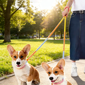 Rainbow Hands Free <b>Dog</b> Leash , Custom Designer Cotton Rope <b>Lead</b>, Adjustable & Slip Proof, <b>Double</b> <b>Dog</b> Leash for Walking/ - Product Image 1