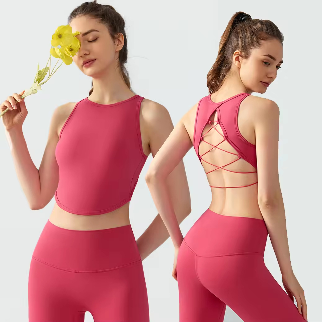 Women Cross Back Round Neck Gym Yoga Vest Lady Sexy Breathable Fitness Yoga Crop Top Female Solid Color Quick Dry Athletic Shirt