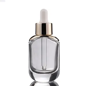 Square essential oil cosmetic 30 ml glass bottle with rubber top dropper gold silver aluminum cap