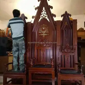 Mobiliário de igreja grande conjunto de trono de bispo com apoio de braço almofada de assento em couro de pêra amarelo cadeiras de madeira para igreja