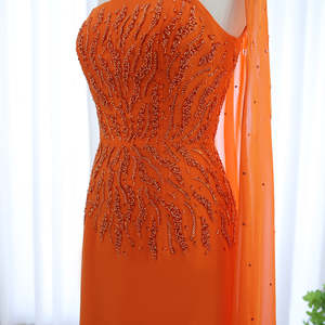 For LSZ299 Chic Orange Mermaid Evening Party Dress with <b>Shawl</b> 3D Crystal Appliques <b>Sequined</b> Natural Waistline - Product Image 6