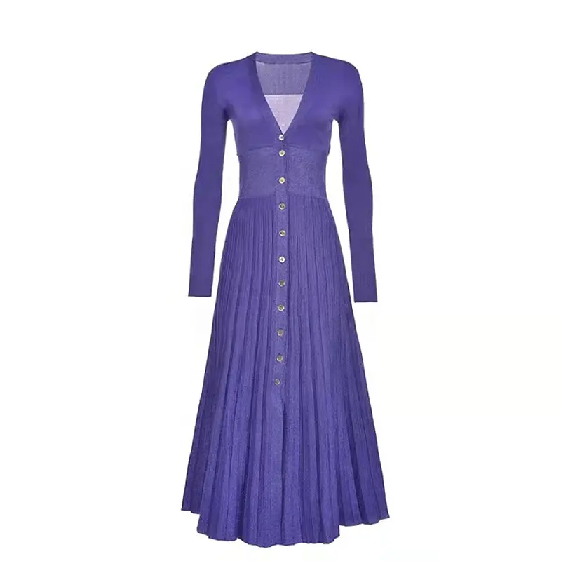 Knitwear manufacturer custom blue v neck long sleeved pleated women's knit dress