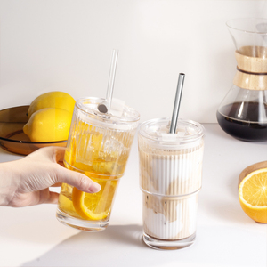 Vaso de Vidrio Acanalado Ecológico con Tapa y Pajita de Vidrio - Vaso Reutilizable para Café Helado de 480 ml con Diseño de Diamantes - Product Image 2
