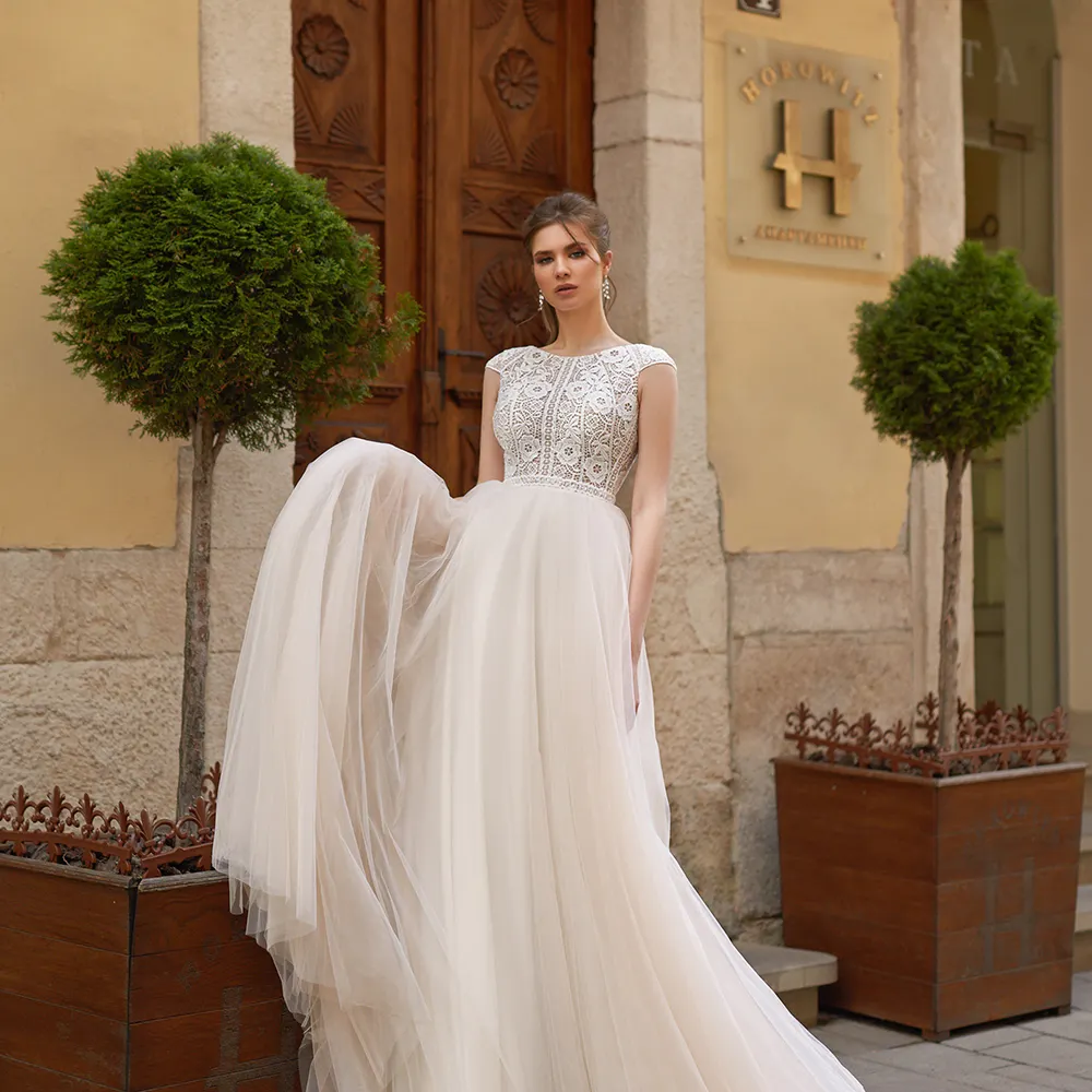 13611#Boat Neck Vestido De Novia Cap Short Sleeves Outdoor Boho Tulle Backless A-Line Applique Lace Wedding Dress Bride Gown