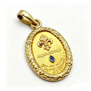 Medalla ovalada chapada en oro con corazón esmaltado de flor de lis y gema azul, amuleto de amor, regalo de aniversario - Product Image 5