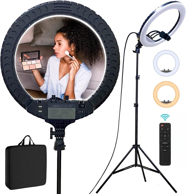 RL18 Remote Ring Light 18 Inch 2M Tripod Stand 3 Phone Holder Professional Selfie Light for Streaming Adjustable Color