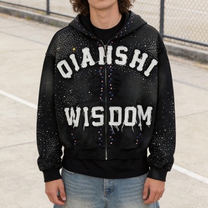 Premium French Terry Acid Wash Zip Hoodie Cotton Applique Embroidery Cropped Hoodies Custom Rhinestone Zip up Unisex Hoodie - Product Image 1