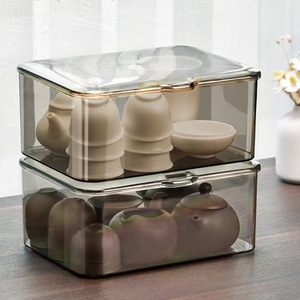 Transparent Teapot And <b>Teacup</b> Storage Box With Lid Stackable Desktop Organizer For Tea Set Accessories Rectangular Solid Color - Product Image 1