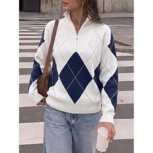 Custom Womens Quarter Zip <b>Sweater</b> <b>Argyle</b> Knit Pullover Long Sleeve Oversized Collared Fall Casual Top 100% Cotton - Product Image 4