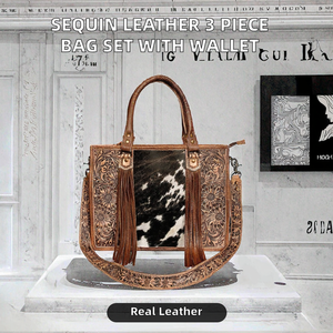 Ensemble de 3 sacs à bandoulière et sacs à main unisexes légers en cuir véritable style bohème avec fleurs et sequins, fermeture éclair et portefeuille - Product Image 2