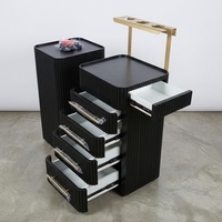 Chariot de rangement mobile de luxe pour salon de coiffure, avec poignée dorée, tiroirs multiples et porte-gobelets, noir et blanc, vente en gros pour salons de beauté