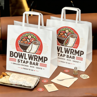 Sacs en papier écologiques personnalisés avec logo, sacs de transport en kraft blanc recyclables pour la restauration rapide, emballage de livraison pour restaurants
