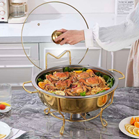 Matériel de restauration : Réchaud de buffet doré sur pied de 4,5 litres, Chauffe-plat rond doré de 8 litres pour traiteur et événements, avec couvercle en verre, pot à soupe