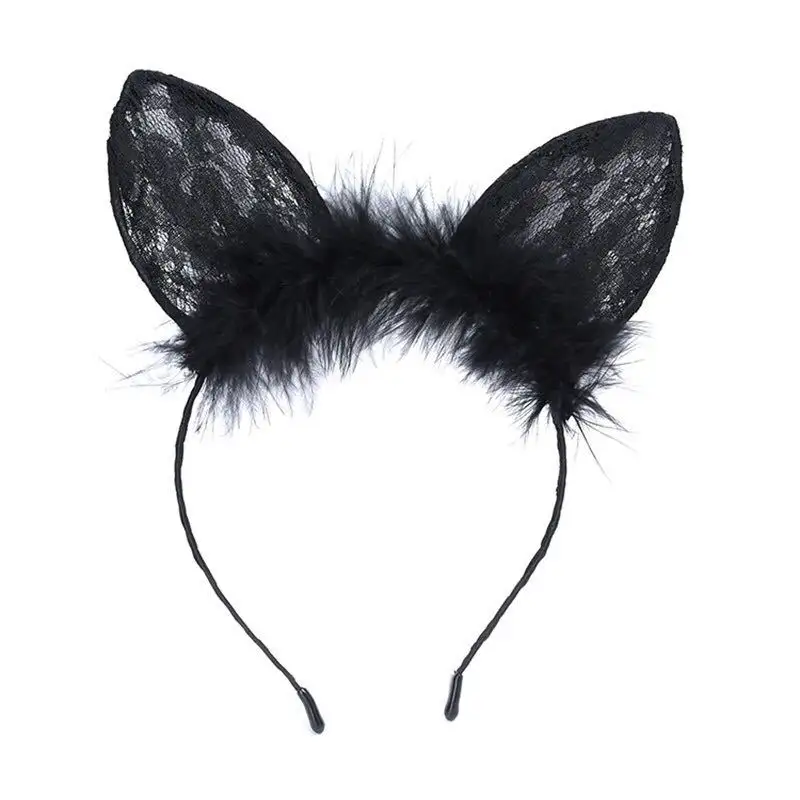 Diadema con orejas de gato y plumas para mujer y niña, diadema negra de encaje, accesorios para fiesta, diadema