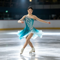 Robe de patinage artistique dégradé turquoise avec strass, manches longues en maille, costume de performance pour enfants et adultes, tenue de compétition
