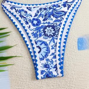 Blue and white porcelain floral print sports <b>bikini</b> backless swimsuit <b>set</b> - Product Image 4