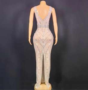 Rayon özel ışıltılı inci kristal uzun balo kıyafetleri 2025 beyaz aç geri çiçek Mesh parti kulübü gece elbiseleri kadın için seksi - Product Image 3