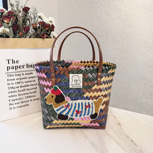 Vintage rayé Weenie chien tissé sac femmes sac <span class=keywords><strong>à</strong></span> main fourre-tout en Nylon corde pendentif fermeture ouverte PVC doublure broderie sac de plage - Product Image 3