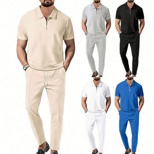 New Men's for Shirt 2 Sets Casual Fashion Breathable Polyester/Cotton Fleece Lapel Pants Pull Rope Solid Color - Product Image 1