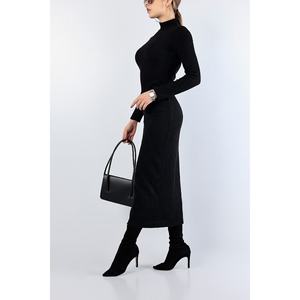 Vestido de Suéter Negro de Cuello Alto para Mujer, Manga Larga, Corte Regular, Estilo Modesto, Vestido de Punto Largo - Product Image 2