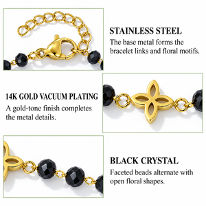 สร้อยข้อมือคริสตัลสีดำลายดอกไม้ สแตนเลสสตีลชุบทอง 14K แบบสุญญากาศ พร้อมลูกปัดและลายดอกไม้เปิดสามดอก - Product Image 3