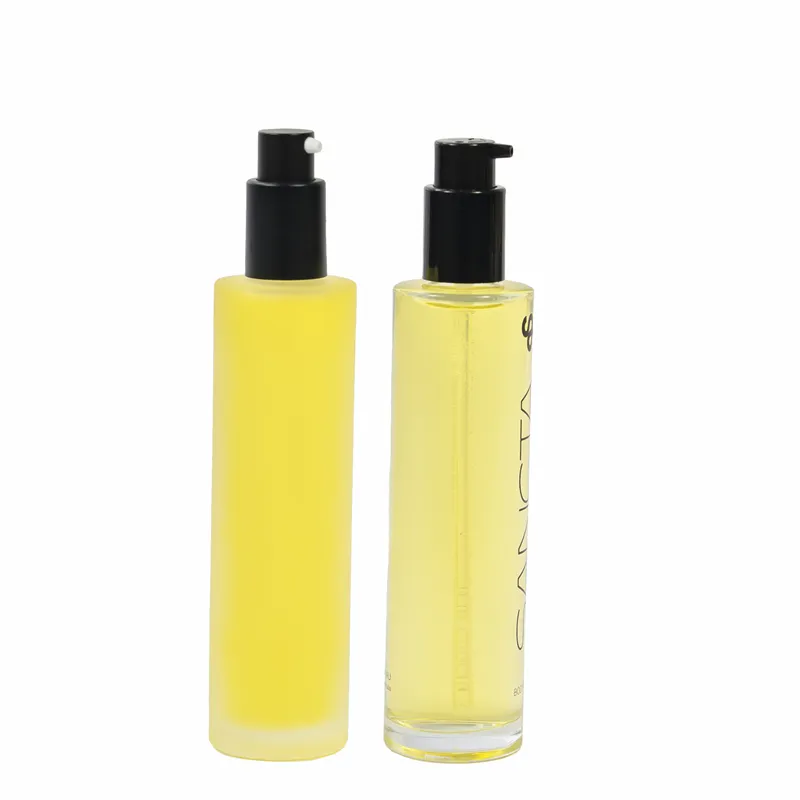 Novo cilindro vazio fosco transparente para cabelo, frasco de vidro de óleo essencial de soro corporal redondo, 100ml, ideal para impressão em tela cosmética