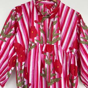 Women's Striped Hand Block Print 100% Cotton <b>Summer</b> Floor-Length <b>Kaftan</b> Eco-Friendly Lightweight Breathable V-neck Embroidery - Product Image 3