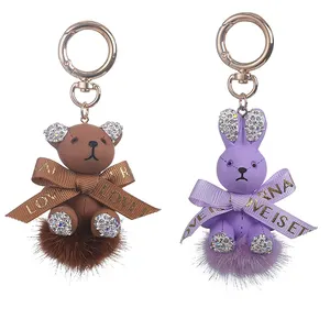 Fashion Cute Teddy Bear Rabbit Keychain Bling Diamond Rhinestone Keychain Kawaii Backpack Charms