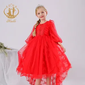 2020 nimble vestidos de bebê vermelho, adolescentes coloridos primavera malha manga comprida flor menina vestido de festa