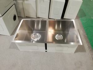 Évier de cuisine commercial fait à la main, grand double bac, acier inoxydable 304, forme carrée, sous plan, avec robinet en option - Product Image 2
