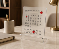 Calendrier perpétuel en acrylique transparent avec marqueurs coulissants rouges et plateau inférieur pour bureau, maison et présentoir de boutique