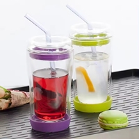 Tasse à café bouteille d'eau mignon gobelet tasse Logo personnalisé verre borosilicaté canette de bière verre avec couvercles et pailles en verre rondes 300ml
