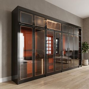Modern Black Leather <b>Wardrobe</b> with Glass Door Hinged Design 4 Drawers 4 Shelves Brass Handles LED Lighting Bedroom Furniture - Product Image 1