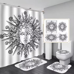 Juego de Cortinas de Ducha de 4 Piezas con Diseño de Constelaciones del Zodiaco, Estilo Hippie Boho, Fases Lunares y Sol con Brillo Celestial - Product Image 1