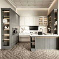 Ensemble d'armoires de cuisine modernes bicolores en bois sur mesure avec évier intégré, îlot, armoire vitrine LED, robinet, charnières et glissières de tiroirs