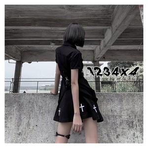 Vestido Gótico Punk Harajuku de Verano Negro Mini Tipo Camisa para Mujer de Manga Corta Ropa Emo Estilo <span class=keywords><strong>Mall</strong></span> <span class=keywords><strong>Goth</strong></span> Dark Academia - Product Image 3