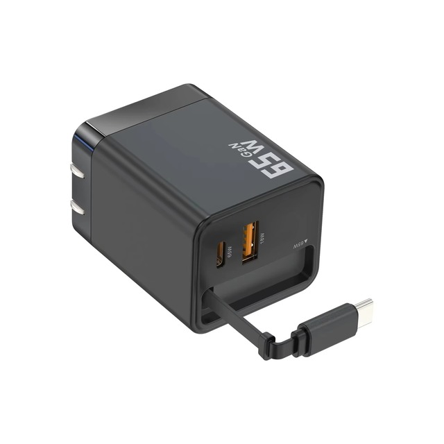 65W GaN Desktop Charger USB Type-C Dual Port PD3.1 with Retractable Cable Universal Fast Charging Adapter for Phone Tablet