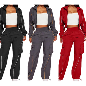 Viviblook Z311ST09 Conjunto Casual de Yoga para Mujer, Chaqueta con Cremallera y Bolsillos con Rayas y Parches, Pantalones Cargo, Conjunto de Dos Piezas Tallas Grandes - Product Image 1