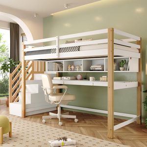 Grand <span class=keywords><strong>lit</strong></span> superposé mezzanine <span class=keywords><strong>en</strong></span> <span class=keywords><strong>bois</strong></span> <span class=keywords><strong>blanc</strong></span> de 90x200 cm avec étagères de rangement durables pour garçons et filles à l'école - Product Image 3