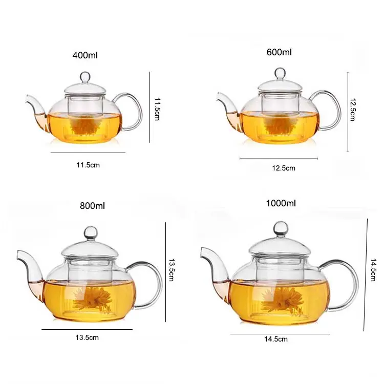 Penjualan Laris 400Ml 600Ml 800Ml 1000Ml Teko Kaca Tahan Panas dengan Saringan Pot Bunga Pot Teh Kaca dengan Infuser