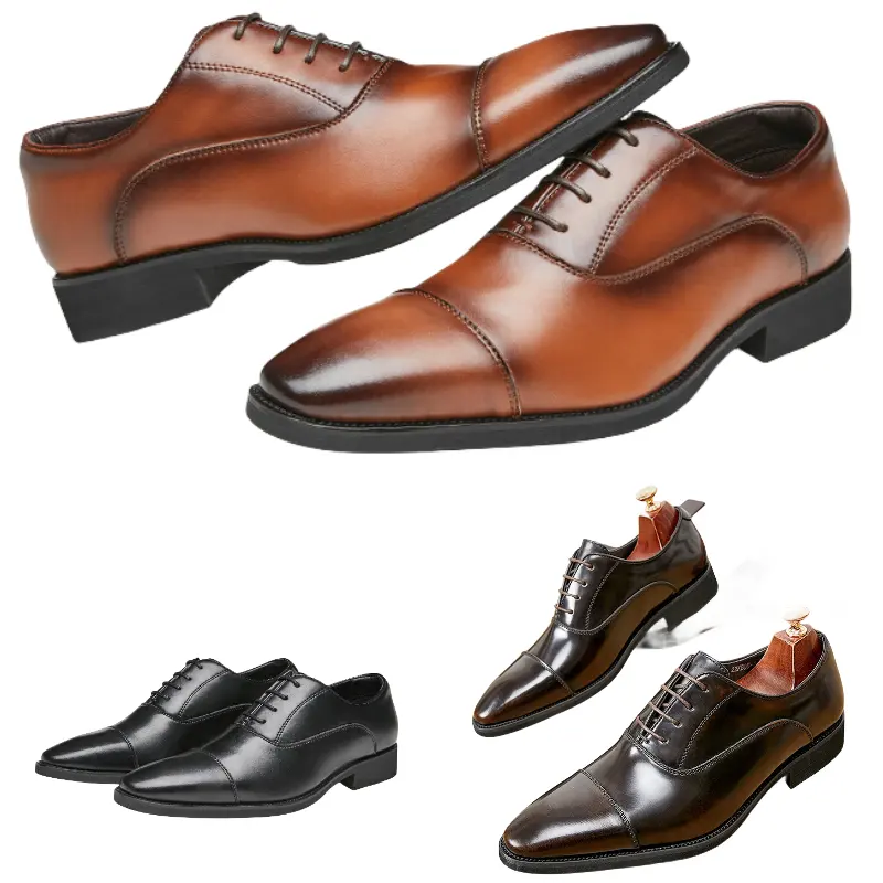 Men's Pointy Cap Toe Oxford Shoes British Style Carved Classy Lace Up Oxford Shoes Film-coated Side Leather Dress Shoes