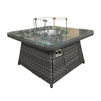 Table de feu au gaz moderne en aluminium carré avec cadre en rotin PE résistant aux UV, table à manger, kit de brûleur linéaire, cour extérieure