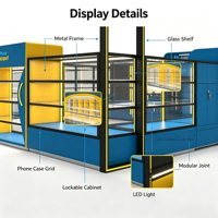 Kios Display Aksesoris Ponsel Modular Lengkap Warna Biru Kuning dengan Area Display Kaca Terbuka dan Panel High Gloss