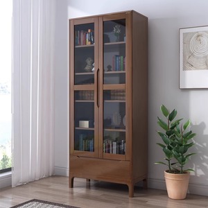 Shulin <b>Solid</b> <b>Wood</b> Floor Standing Bookshelf With Glass Doors 18mm Partition Storage Cabinet For Living Room Bedroom Display - Product Image 2