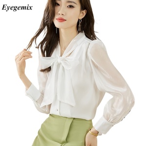 Blusa <span class=keywords><strong>blanca</strong></span> <span class=keywords><strong>Camisa</strong></span> de manga larga para mujer Verano Otoño Cuello <span class=keywords><strong>con</strong></span> lazo Blusas de oficina Femme 8909 # - Product Image 1
