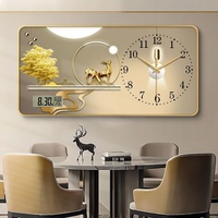 Reloj de Pared Moderno de Lujo con Calendario EN, Temperatura y Pantalla LED, Decoración de Ciervo Dorado y Árbol de la Fortuna, Marco Dorado de PVC para Hogar y Hotel
